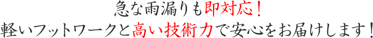 急な雨漏りも即対応！軽いフットワークと高い技術力で安心をお届けします！